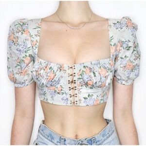 House of CB Floral Puff Sleeve Crop Top in White with Peach & Lavender Flowers